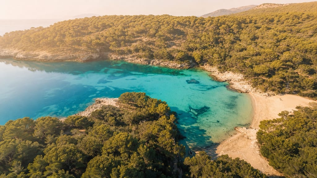 The shallow waters of Cala en Turqueta between pine-clad cliffs