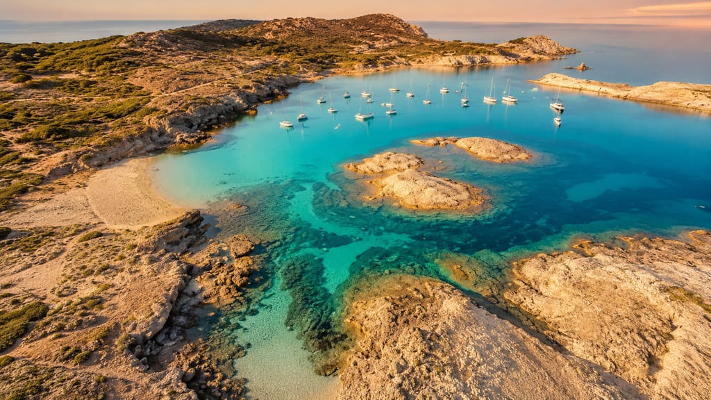 Cala Pregonda, reddish landscape and sea stacks on the north coast of Menorca