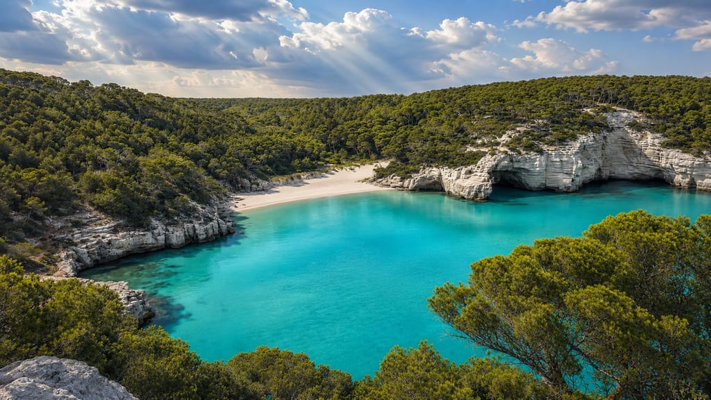 Cala Mitjana, an unspoilt cove with shallow waters in southern Menorca