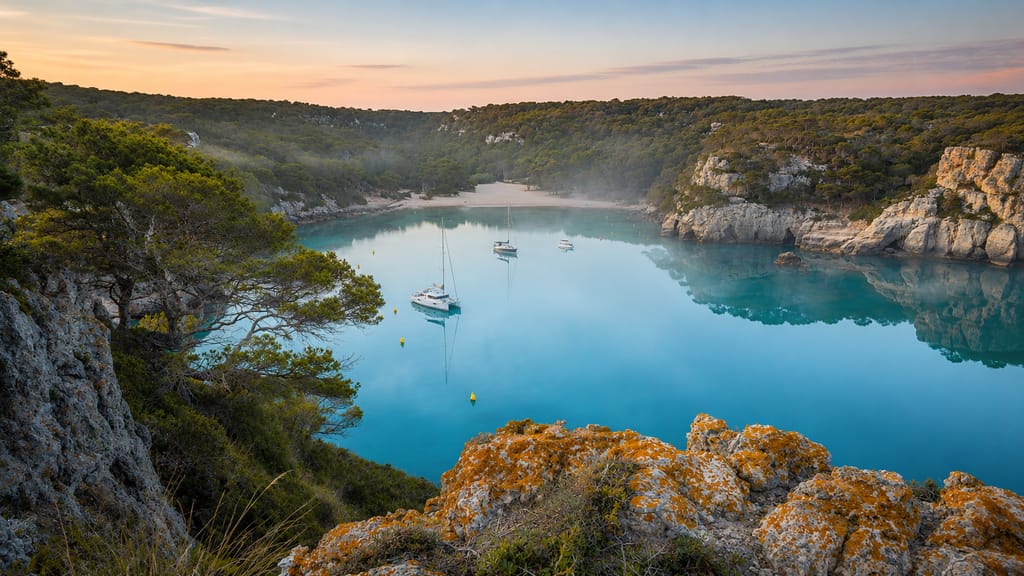 View over Cala Macarella and Macarelleta, on the south coast of Menorca